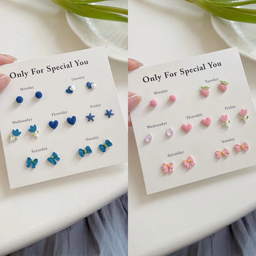 DAIIIBABYYY  -  Sweet Blue Pink Heart Butterfly Bow Flower Stud Earrings Set for Women Matte Mini Star Round Earring Earring Jewelry